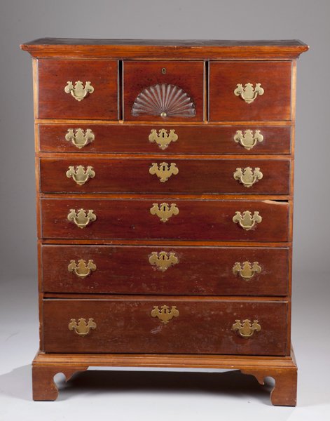 Mahogany Modified Highboy Top: Mahogany Modified Highboy Top Three drawers over five graduated drawers, center shell drawer, added ogee bracket base, refinished with imperfections. 50 5/8"" x 38 3/4"" x 18 1/2""
