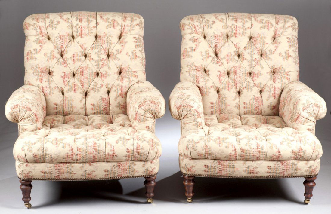Pair of George Smith Overstuffed Armchairs: Pair of George Smith Overstuffed Armchairs 40"" H x 36"" W x 24"" D