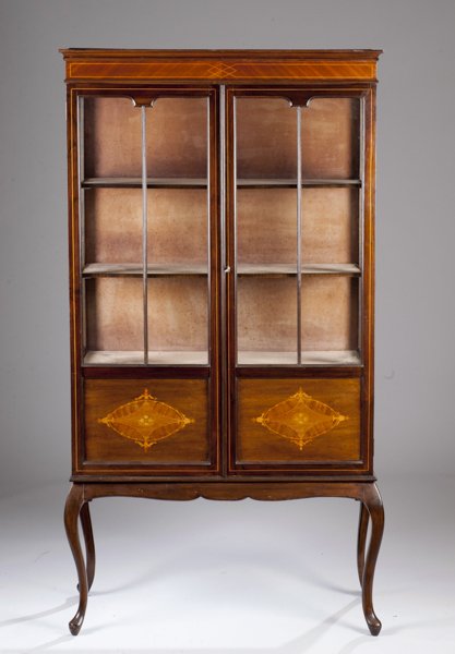 Queen Anne Style Mahogany Curio Display Cabinet: Queen Anne Style Mahogany Curio Display Cabinet mahogany veneers with string inlay around upper pediment, three interior shelves with lower blind shelf, six long wavy panes of glass, lower cabinet doo