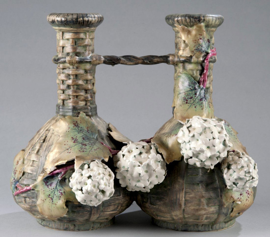 Amphora Double Vase: Amphora Double Vase with applied leaves and flower clusters, marked on bottom with Crown above Austria Amphora 10 3/4"" H