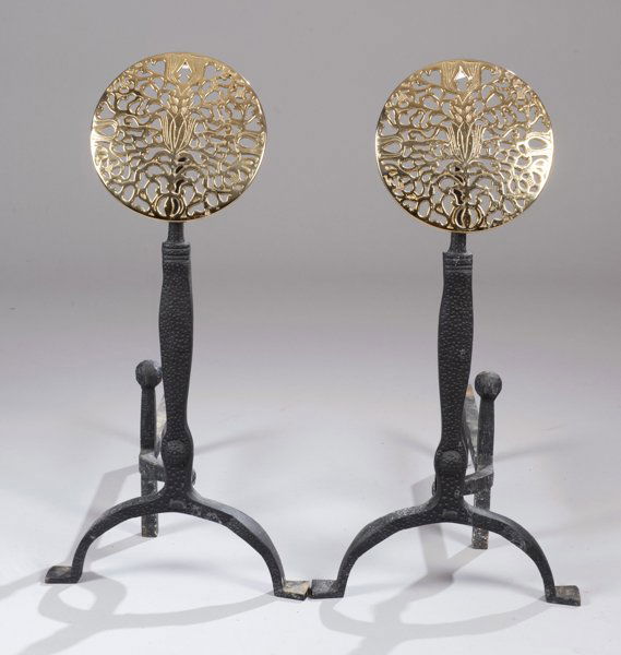 Pair of Virginia Metalcrafters Andirons with Brass Deco: Pair of Virginia Metalcrafters Andirons with Brass Decoration reticulated brass discs with floral motifs. 25 1/2"" h