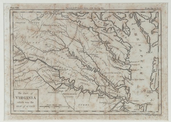T. Conder Book Plate for Dr. Gordon's History of the Am: T. Conder Book Plate for Dr. Gordon's History of the American War ""The Part of Virginia which was the Seat of Action,"" Plate VIII, marked ""to face Page 116, Vol. IV"", crease marks and foxing. ID: 