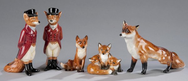 Five Pieces of Porcelain Foxes Including Royal Doulton,: Five Pieces of Porcelain Foxes Including Royal Doulton, Royal Worcester, and Boehm pair of Royal Doulton foxes dressed in hunt gear and top hat, Royal Worcester piece of a fox with kits, a large Boehm