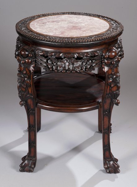 Carved Asian Side Table with Marble Top: Carved Asian Side Table with Marble Top One shelf, two legs loose at shelf joint, on casters 26 1/2"" H 19 1/4"" Diameter