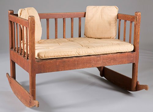 Early 19th Century Caroline County Virginia Settee: Early 19th Century Caroline County Virginia Settee Orginally a red wash pine cradle converted to settee. Provenance: Original Furnishing of Historic Bowling Green Farm 28"" H x 39 1/2"" W x 35 1/2"" D