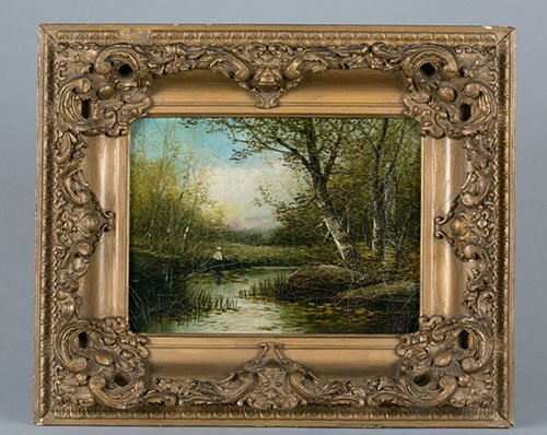 Unknown Artist, Woman sitting by stream with birch tree: Unknown Artist Woman sitting by stream with birch trees Oil on Canvas Gesso and Giltwood Frame, some cracks, painting has extensive crazing. Provenance: Bowling Green Farm Estate 9"" H x 11"" W, frame