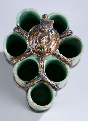 Ceramic and Brass Inkwell, Possibly Italian: Ceramic and Brass Inkwell, Possibly Italian Family history states it was rescued from a synagogue during the Second World War. 4 1/4"" H x 5 1/4"" L x 4 1/2"" D