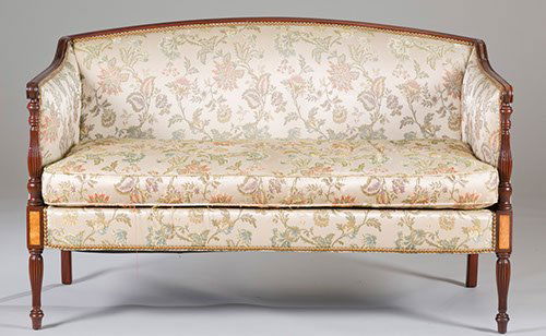 A Hickory Chair Company Mahogany Federal-style Settee,: A Hickory Chair Company Mahogany Federal-style Settee, with molded crest and arms, fluted and turned arm supports, inlaid block and fluted legs, and with floral brocade upholstery. 33"" H x 52"" W x 2