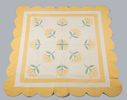 Hermann, Missouri Appliqued Quilt: Hermann, Missouri Appliqued Quilt Ca. 1900 - 1920's, Tulip Appliqued, soft green, gold and yellow fabrics, triple border with scalloped border, quilted feather wreather between the appliqued tulips, s