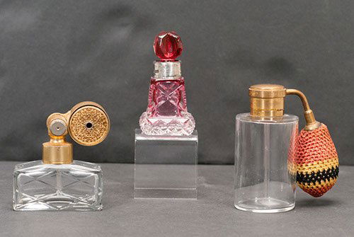 Mixed Lot of Perfume Bottles with Atomizers, including : Mixed Lot of Perfume Bottles with Atomizers, including one Baccarat To include (three pieces): one marked Baccarat -Guerlain and made in France, one marked Marcel Franck to bottom of bottle and back o