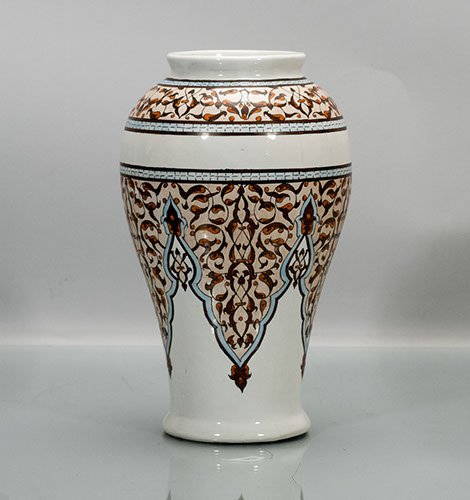 Middle Eastern Vase: Middle Eastern Vase Vine pattern in gold and brown on cream background 10"" H x 6"" D