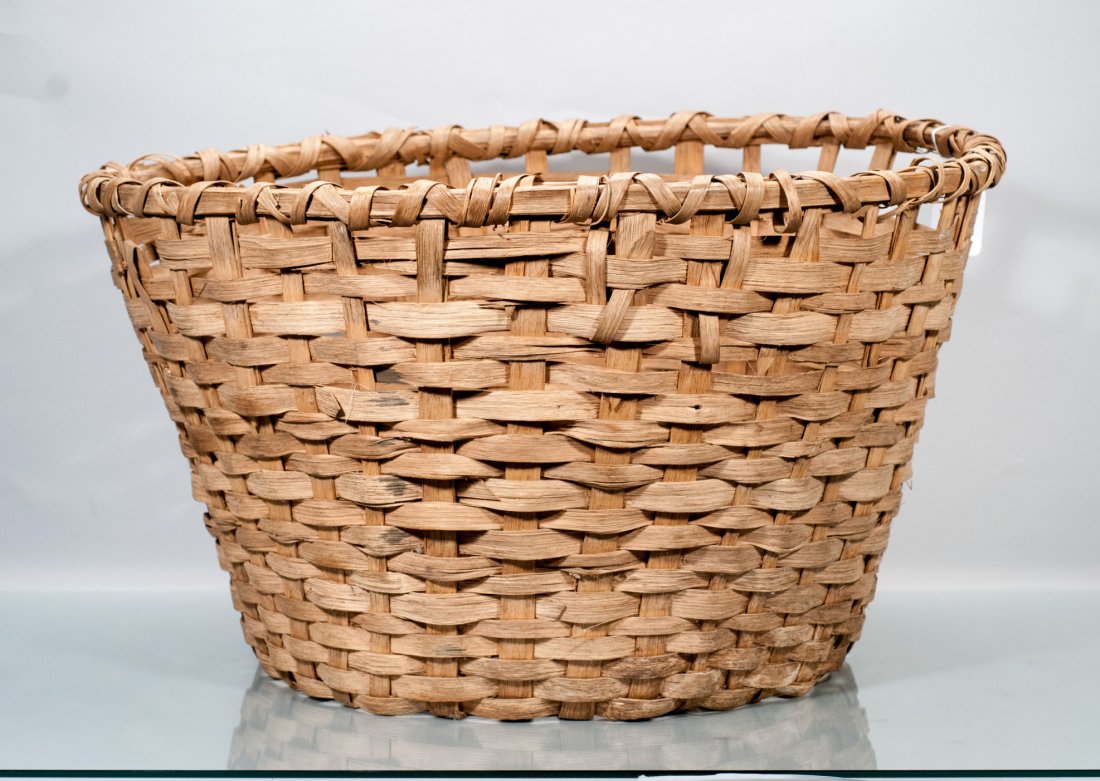South Carolina Woven Basket of White Oak Slats: South Carolina Woven Basket of White Oak Slats Possibly 19th C. cotton picking basket. 17 1/2"" H x 27 1/2"" D