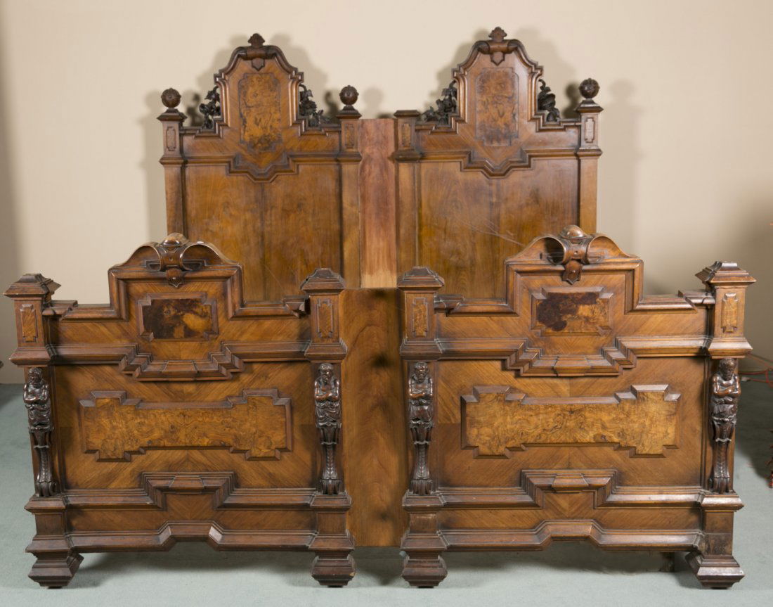 Renaissance Revival Walnut with Walnut Veneers King Siz: Renaissance Revival Walnut with Walnut Veneers King Size Bed Two arched headboard and footboards with floral carvings and globe finials. Missing five of the eight globes. 68 1/2 "" H x 80 "" W x 86""
