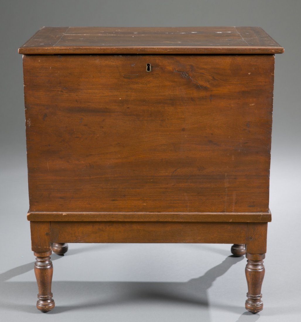 Country Sheraton Mahogany Sugar Chest, Ca. 1825: Country Sheraton Mahogany Sugar Chest, Ca. 1825 Four slots for dividers. Lowers on turned legs. 27 1/2"" H x 25"" W x 18 1/2"" D