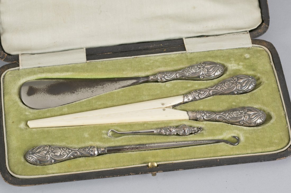 Ca. 1900 Victorian Levi & Salaman Birmingham Sterling S: Ca. 1900 Victorian Levi & Salaman Birmingham Sterling Silver-mounted Boot and Glove Set Includes glove stretchers, button hooks and shoe horn. Shoe horn blade is marked steel. Black case is lined with