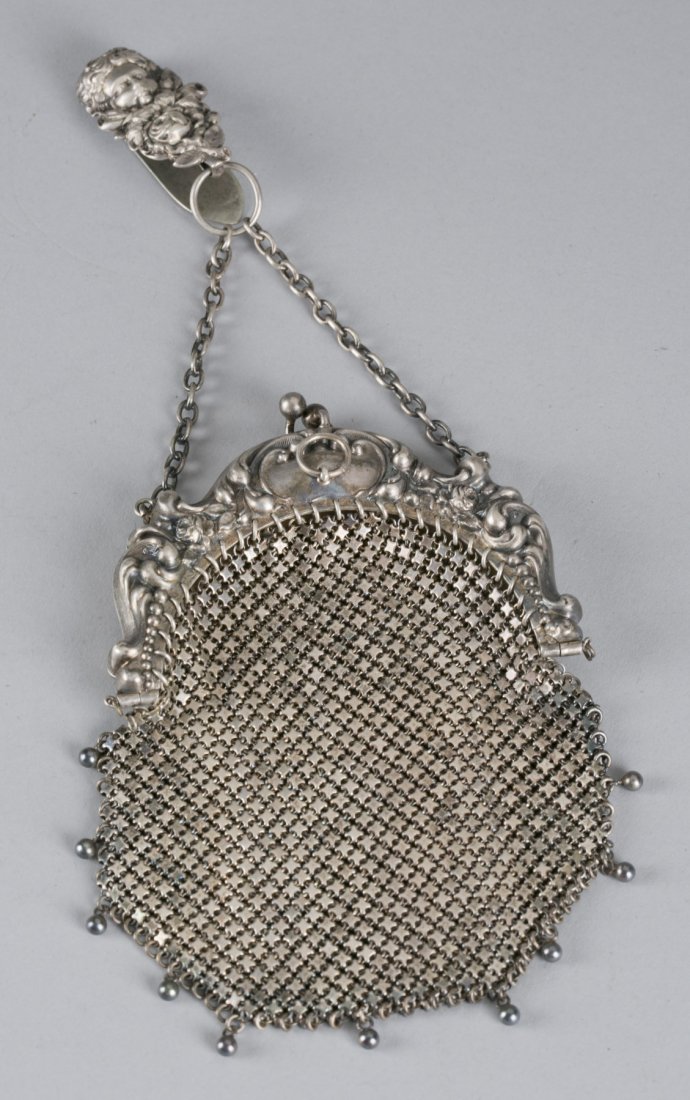 Whiting & Davis Sterling Silver Chain Hand Purse: Whiting & Davis Sterling Silver Chain Hand Purse Art Nouveau floral frame, chatelaine present, marked W & D, 4.95 ozt 5"" H x 4"" W