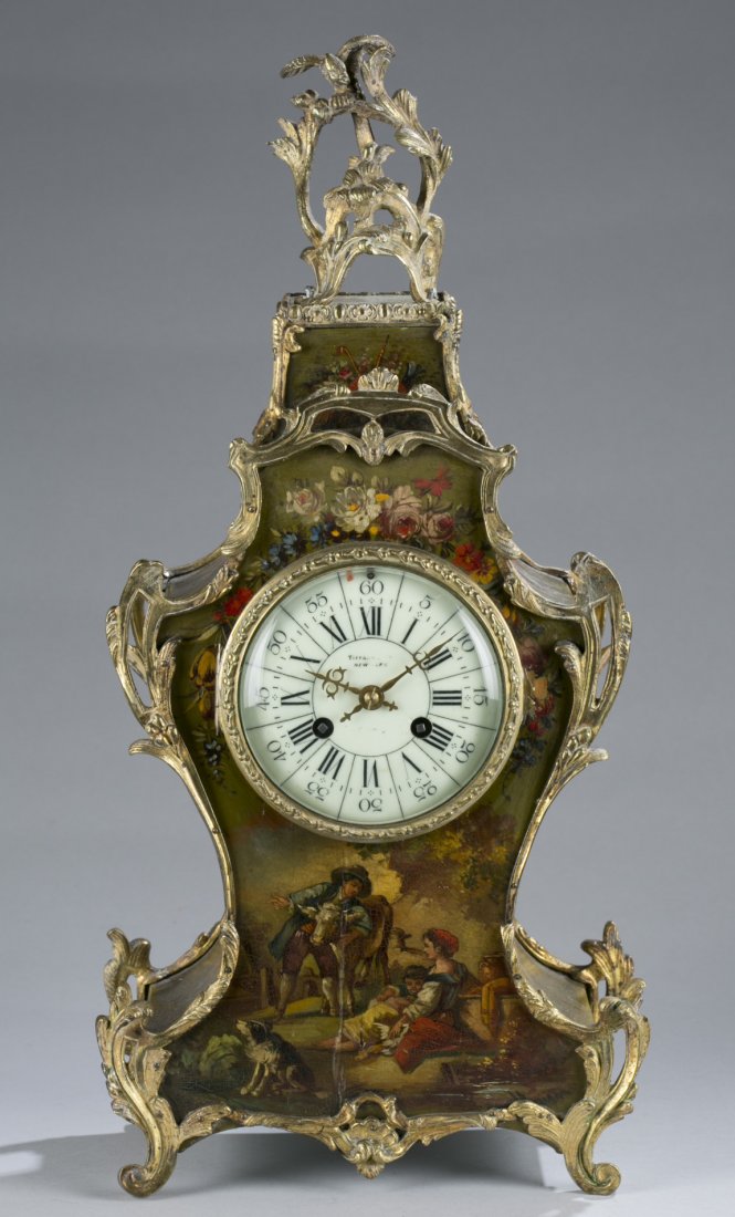 Hand Painted Mantle Clock, Marked Tiffany & Co. New Yor: Hand Painted Mantle Clock, Marked Tiffany & Co. New York Enameled porcelain face and movement marked Tiffany & Co. New York. Painted wood and ormolu mounted Rococo style case. Illegible artist signatu