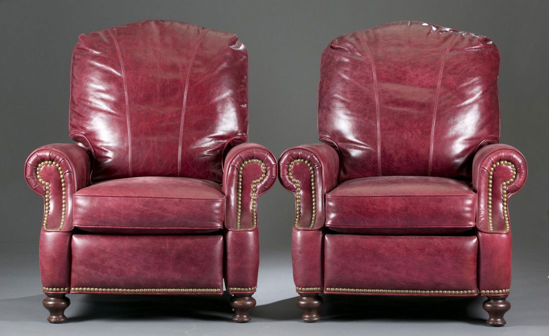 Pair of Burgundy Colored Leather Recliners: Pair of Burgundy Colored Leather Recliners 41"" H x 38"" W x 48"" D