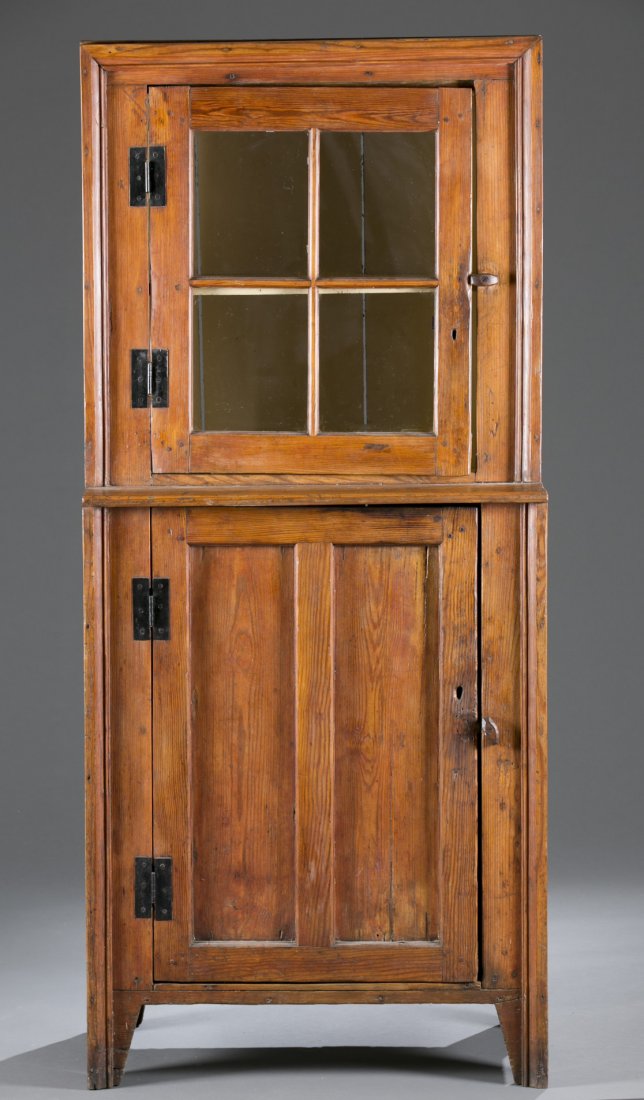18th C. Caroline County One-Piece Construction Pine Ste: 18th C. Caroline County One-Piece Construction Pine Stepback cupboard Four pane glass cabinet with painted interior shelves. Lower blind cabinet door with two interior shelves and replaced hinges. 69"