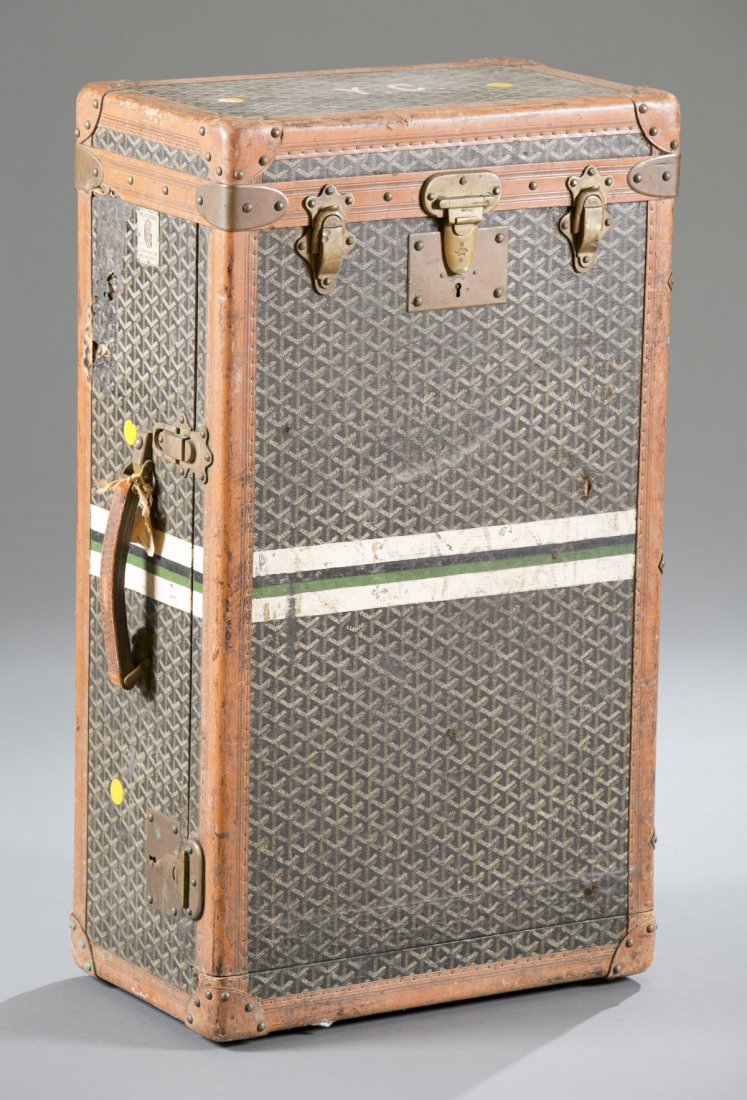 Vintage E. Goyard Aine Wardrobe Trunk, Ca. 1900: Vintage E. Goyard Aine Wardrobe Trunk, Ca. 1900 From Malles Goyard store in Paris, France. Stylized chevron canvas pattern with signature ""E. Goyard Honore Paris,"" marked in multiple places. Origina