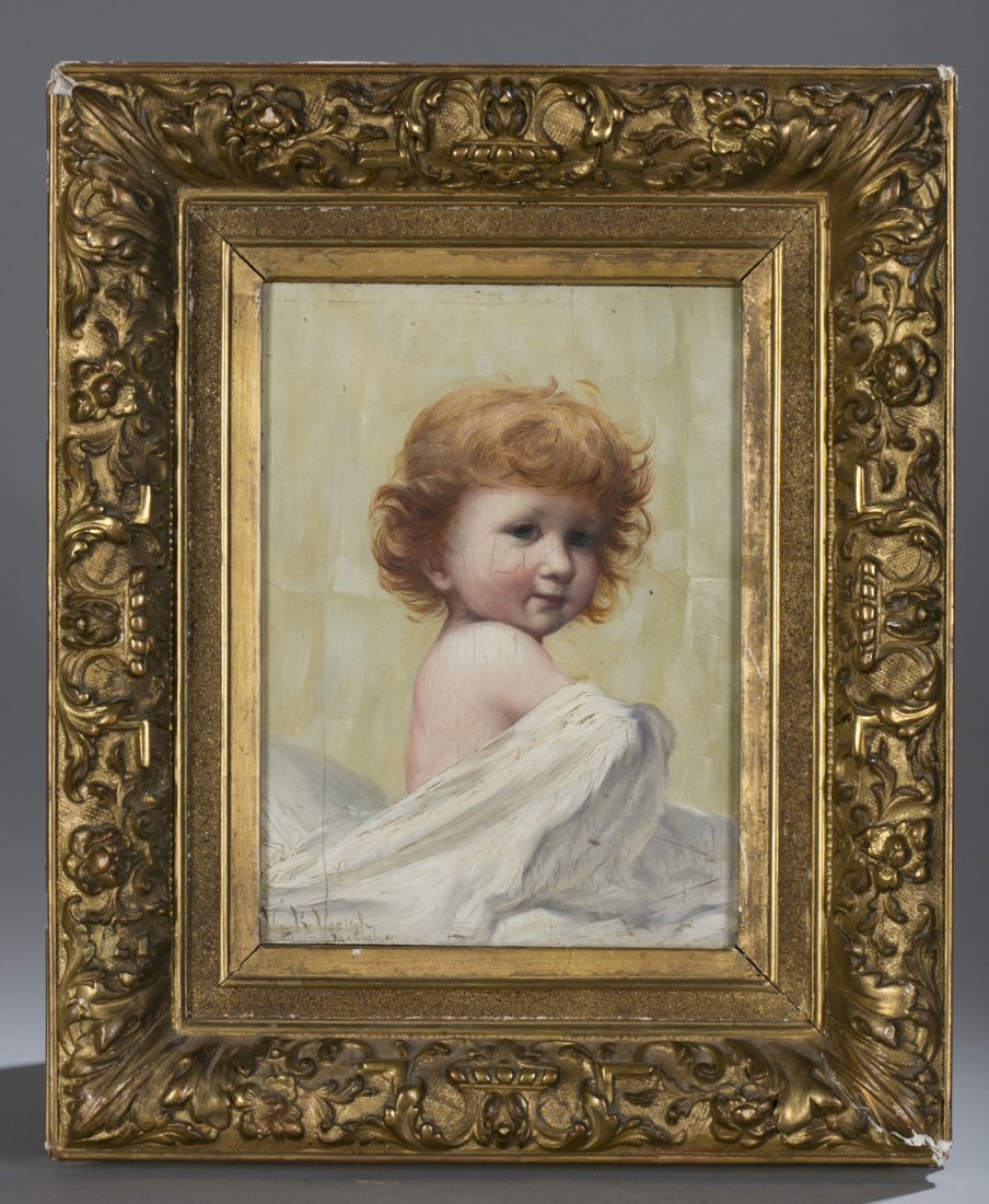 Late 19th Century German Oil on Board of Small Child: Late 19th Century German Oil on Board of Small Child Signed by the artist on the lower right corner; appears to be R. Leigh, Munich 188_. Crack in paint on left side and losses to frame. 8 1/2"" H x 5