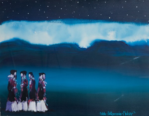 Pablo Antonio Milan, 1961-, 'Untitled': Pablo Antonio Milan, 1961-, 'Untitled', Acrylic on Paper, Four figures in a night scene. Artist signed lower right corner.22 1/2" x 29 3/4" , Frame : 30" x 37"