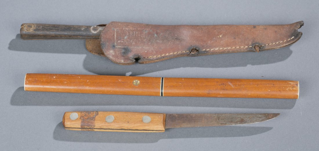 Lot of Two(2) Knives and (1) Antique Fork: Lot of Two(2) Knives and (1) Antique Fork To include; fish knife in wooden case, pairing knife, and fork with leather case. Fair to good condition. 8 1/4"" L 10"" L