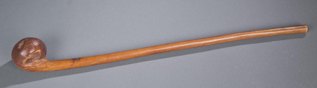 Carved Wood Primitive War Club Good condition: Carved Wood Primitive War Club Folk art war club with large round wood ball at end used by warriors. Unknown origin, perhaps African or Native American. Made from one piece of wood. The weapon is 24-1