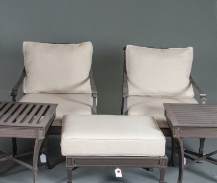 Restoration Hardware Patio Set: Restoration Hardware Patio Set To include (7 pieces): Antibes sofa, coffee table, 2 side tables, 2 lounge chairs, 1 ottoman, weathered zinc Sofa: 75""W x 36""D x 34""H