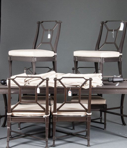 Restoration Hardware Outdoor Dining Table and Chairs: Restoration Hardware Outdoor Dining Table and Chairs Marked Restoration Hardware from Antibes Collection, weathered zinc, to include; 2 armchairs, 4 side chairs, and outdoor dining table and umbrella
