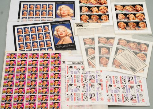 Mixed Lot of Stamps: Mixed Lot of Stamps 6 sheets of Tanzania Marilyn Monroe stamps with cert. 2 sheets of Hirschfeld Silent Screen stamps 2 (80pc) sheets of Elvis stamps 2 sheets of Legend of Hollywood Mariyln Monroe sta