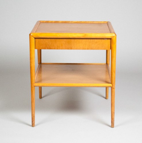 Widdicomb by T.H. Robsjohn-Gibbings End Table: Widdicomb by T.H. Robsjohn-Gibbings End Table Original sticker inside. 26 1/2"" H x 23"" W x 23 1/2"" D