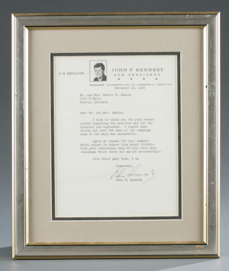 John F. Kennedy: John F. Kennedy Framed and matted signed letter from Senator John F. Kennedy to Mr. and Mrs. Robert B. Knowles 11 1/2"" H x 10"" W