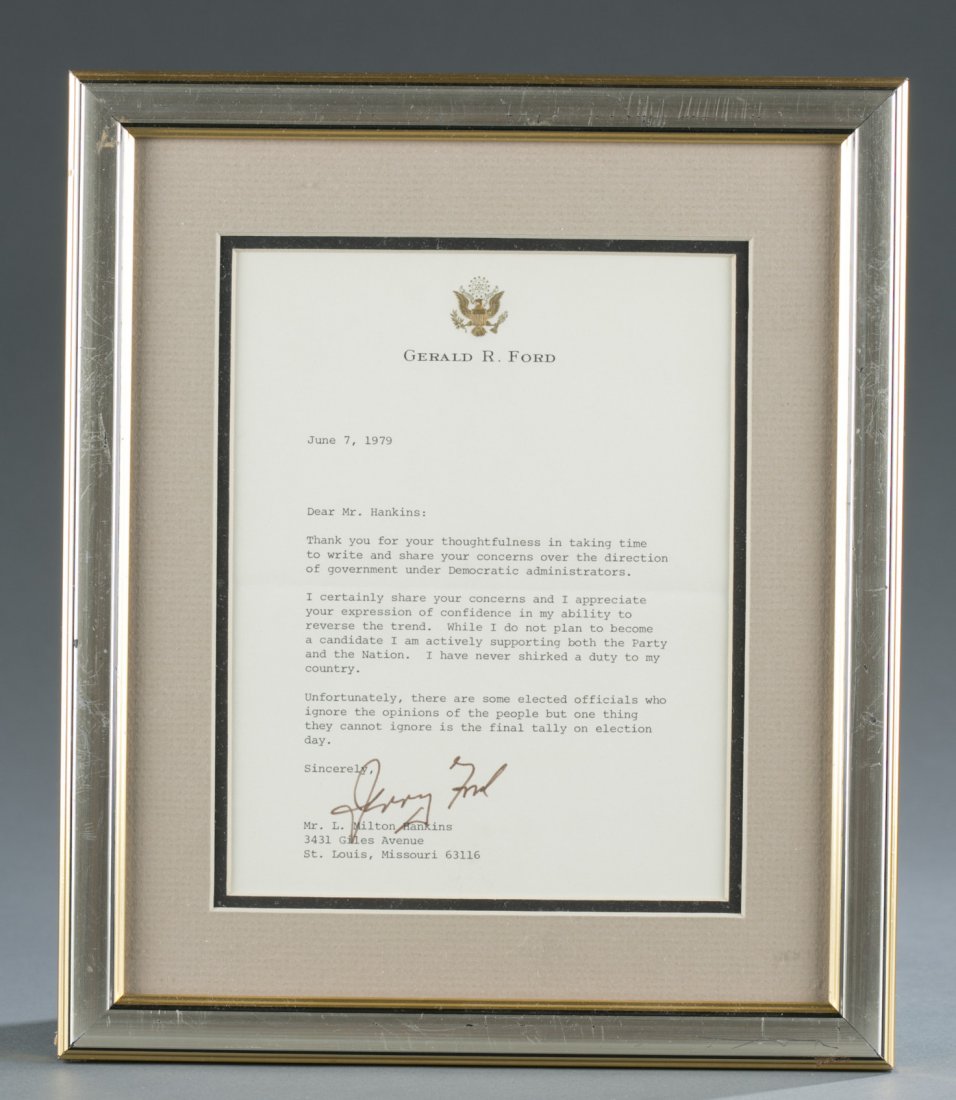 Gerald Ford Signed Letter: Gerald Ford Signed Letter Framed and matted typed letter dated June 7, 1979 and signed Jerry Ford. 17 1/2 "" H x 11"" W