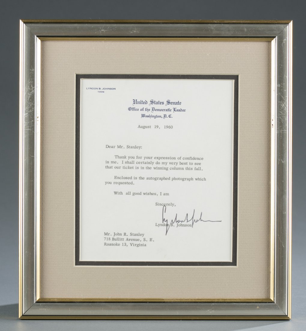 Letter Signed by Lyndon B. Johnson, Senator: Letter Signed by Lyndon B. Johnson, Senator Framed and matted letter to Mr. John R. Stanley, dated August 19, 1960 and signed by Senator Lyndon B. Johnson 11"" H x 10"" W