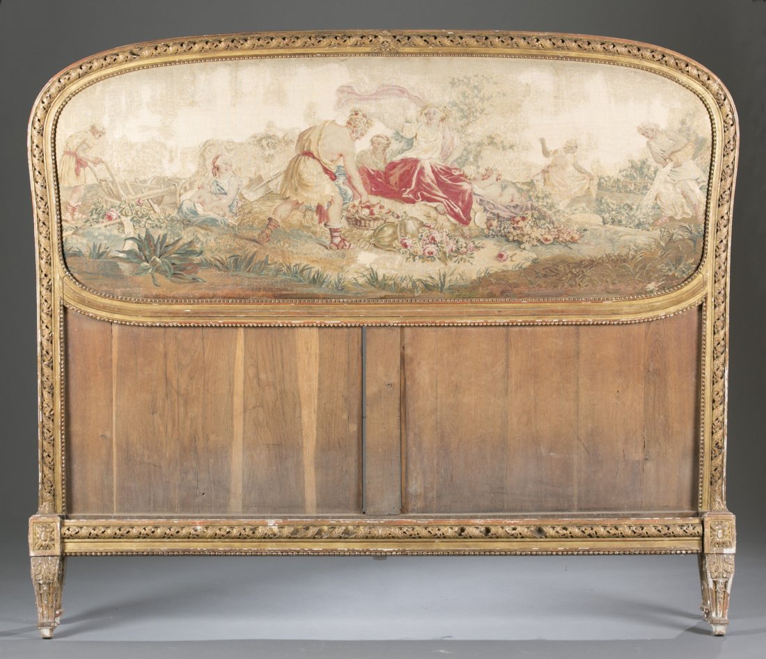 19th Century French Rococo Style Bed: 19th Century French Rococo Style Bed Headboard and footboard have open carved foliate borders with gilt over gesso. Appears to retain original needlepoint panel. Losses and wear throughout. Possibly M