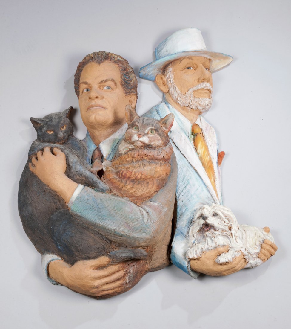 Lisa Reinertson, (American, b.1955), "Daniel & Derek &: Lisa Reinertson (American, b.1955) ""Daniel & Derek & Family"", 1985 Clay Sculpture Derek Mason was an award winning designer of costumes, sets, textiles, furniture and interior design. He received Ac