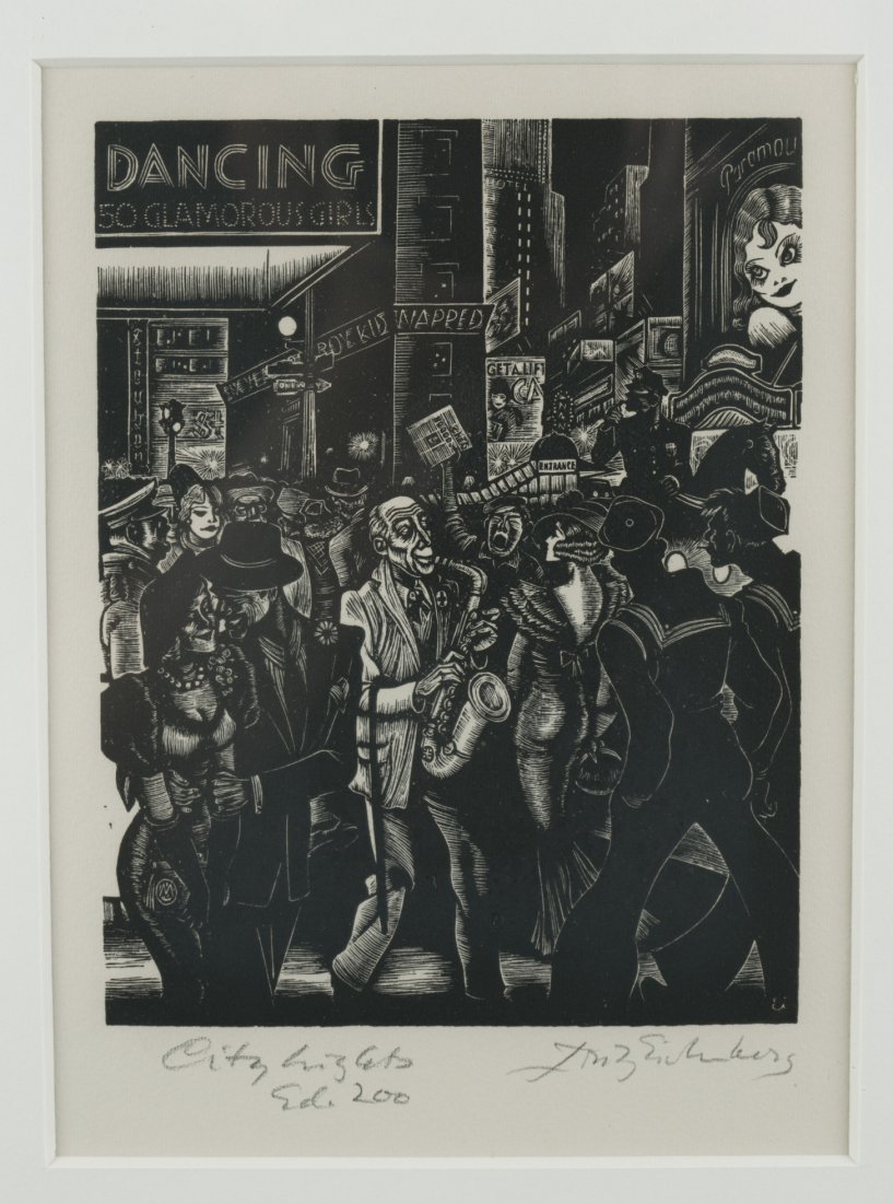 Fritz Eichenberg, "City Lights", 1934, signed, titled: Fritz Eichenberg ""City Lights"", 1934, signed, titled and annotated 'Ed. 200' in pencil, printed by Ernest Roth, this is one of Eichenberg's prints based on his first exposures to Manhattan, very goo