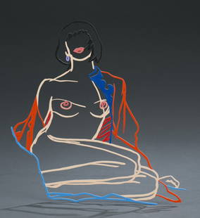 Tom Wesselmann , "Monica Sitting Undressing": Tom Wesselmann (American, 1931-2004) ""Monica Sitting Undressing"" Laser cut steel The piece is number five of twenty-five steel cuttings created and is from 1986. The multicolored steel drawing depic