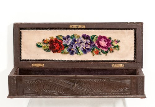 Carved Victorian Walnut Dresser Box with Needlepoint