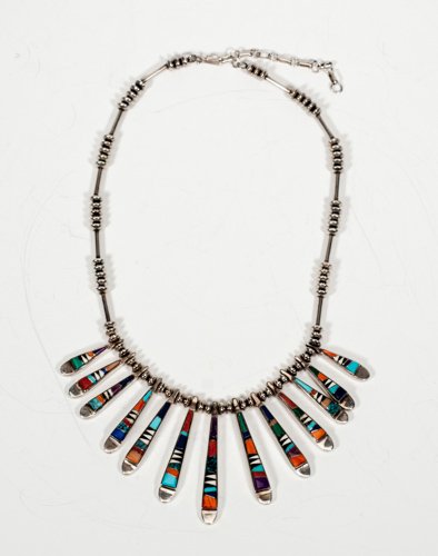 Marked Sterling and Signed Beaded Necklace with: Marked Sterling and Signed Beaded Necklace with Multicolored Inlaid Stones Marked Sterling silver beaded necklace. Illegible signature possibly reads Watson. Thirteen small pendants decorated with var