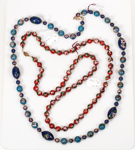 Pair of Cloisonne Bead Necklace w/ Hematite Bead: Pair of Cloisonne Bead Necklace w/ Hematite Bead Fillers and Cloisonne Bead Necklace One marked S925 to clasp. 34"" W