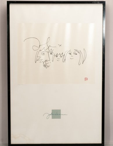 Framed John Lennon Limited Edition Print On Paper: Framed John Lennon Limited Edition Print On Paper Pencil numbered 3399/5000. Signature features Yoko Ono's Chop Mark. Water damaged to lower left corner. 15 1/4"" H 19 1/4"" W, frame: 36 1/4"" H x 24