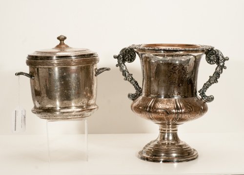 Silver Plate over Copper Champagne Cooler and Ice: Silver Plate over Copper Champagne Cooler and Ice Bucket Ice Bucket with glass insert marked C & C Co. Silversmiths Taunton, Mass which became Sheridan Silver Company. Champagne Cooler with copper ins