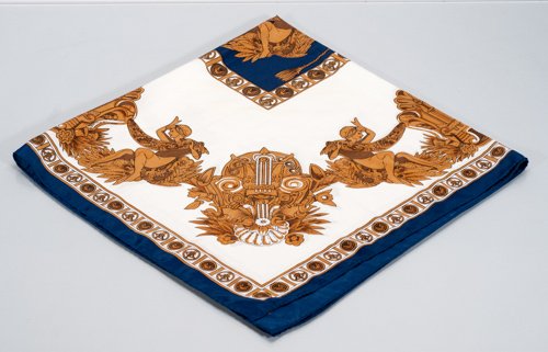 Hermes Silk Scarf in Blue and Gold: Hermes Silk Scarf in Blue and Gold Signed Hermes in corner. Significant rip in silk. 34"" H x 34"" W