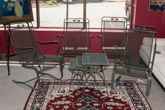 Seven (7) Pieces Salterini Lawn Furniture: Seven (7) Pieces Salterini Lawn Furniture Four Chairs and Nest of 3 tables 35"" H x 25"" W x 18 1/2"" D