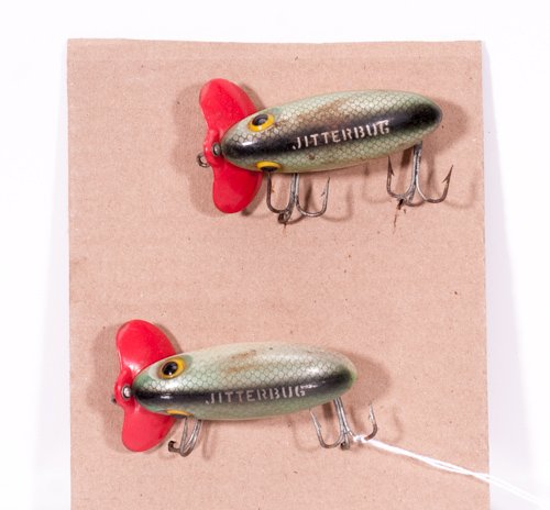 Pair of Fred Arbogast Jitterbug Lures: Pair of Fred Arbogast Jitterbug Lures Each marked Fred Arbogast Jitterbug Akron, Ohio. 2 3/4"" H x 1 1/2"" W