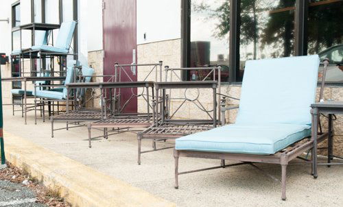 Set of Outdoor Lawn Furniture: Set of Outdoor Lawn Furniture To include Six Side Tables, Four Lounge Chairs and Dining Table, includes cushions.