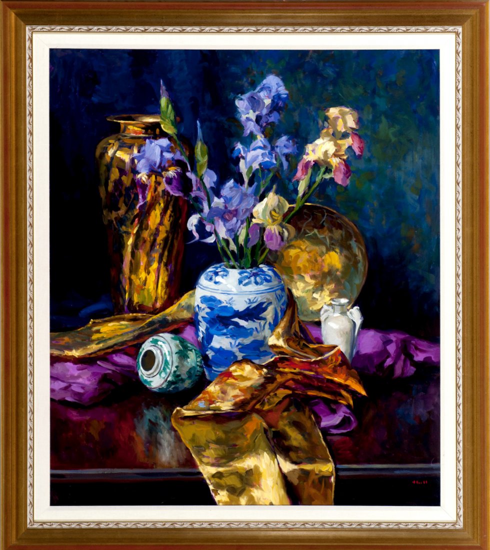 Still Life Oil on Canvas by Gregory Hull, "Still Life: Still Life Oil on Canvas by Gregory Hull, ""Still Life with Irises"" Signed in lower right corner. 39"" x 31"", frame: 47"" x 41 1/2""