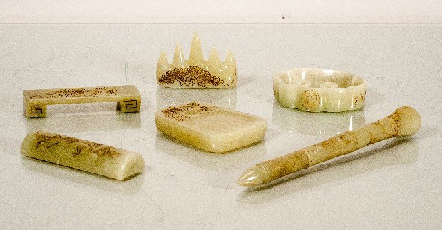 Six (6) Pieces of a Jade Desk Set: Six (6) Pieces of a Jade Desk Set To include (six pieces): Desk set includes pen holders, brush wipes, and ink bowls. 63/4"" H